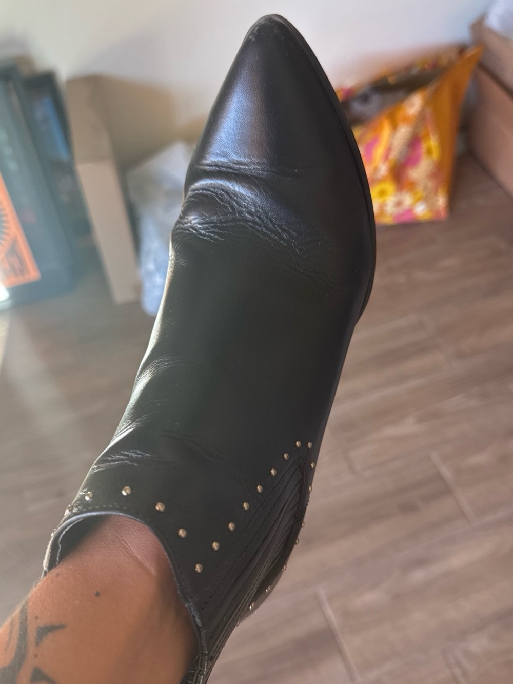 Michael Kors Black Pointed Leather Ankle Boot with Stud Accents
